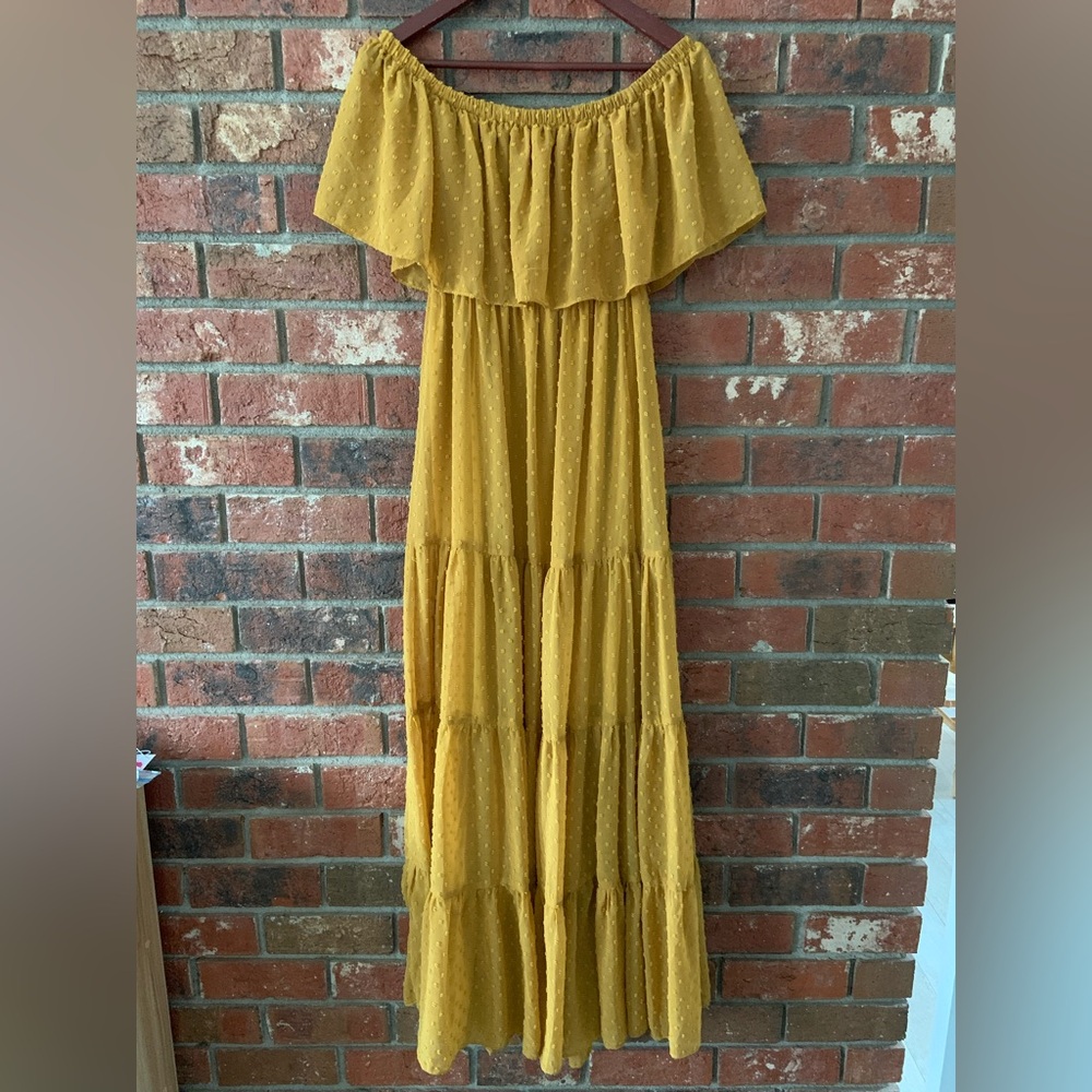 Baltic Born Elegant Mustard Off-Shoulder Swiss Dot Maxi Dress - Picture 2 of 7